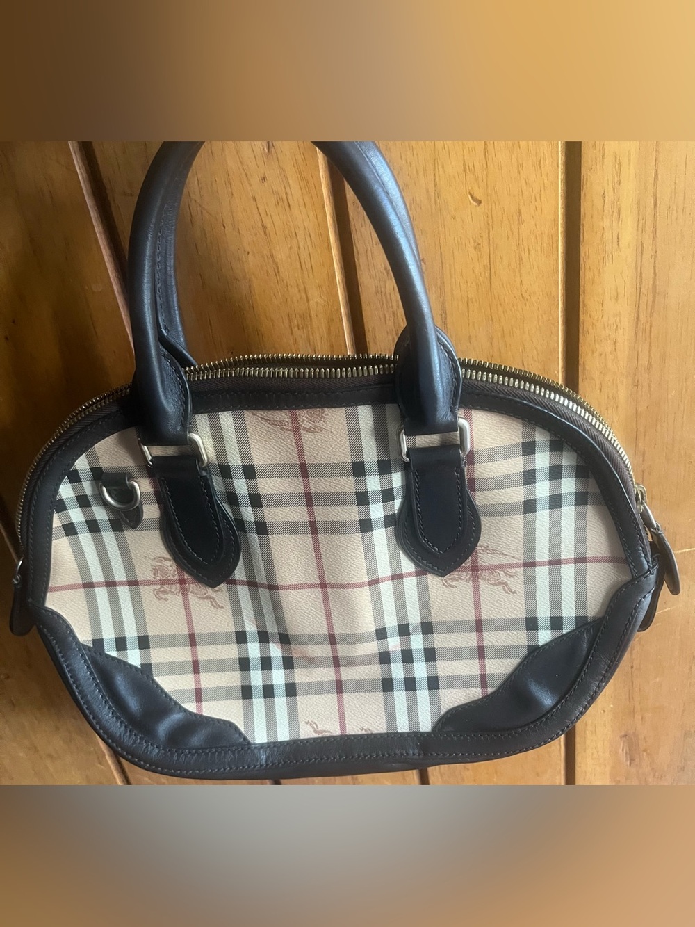 Burberry Beige Check Canvas Satchel with Black Trim